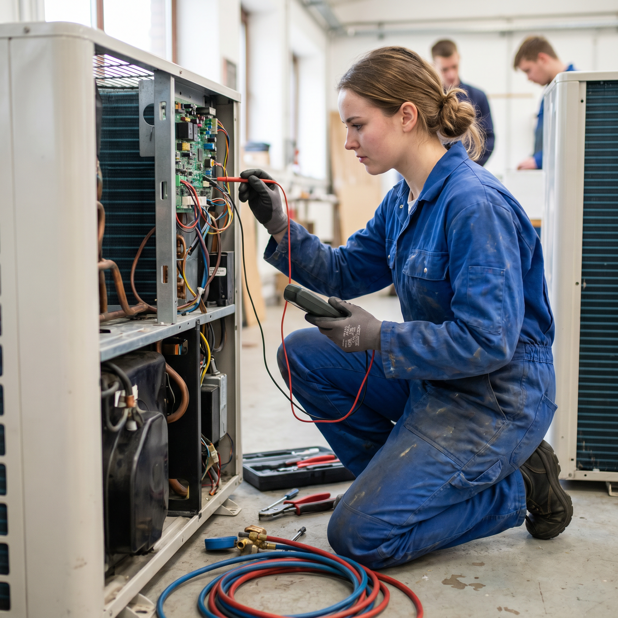 Kursantka ćwiczy diagnostykę elektryczną na stacji serwisowej pompy ciepła