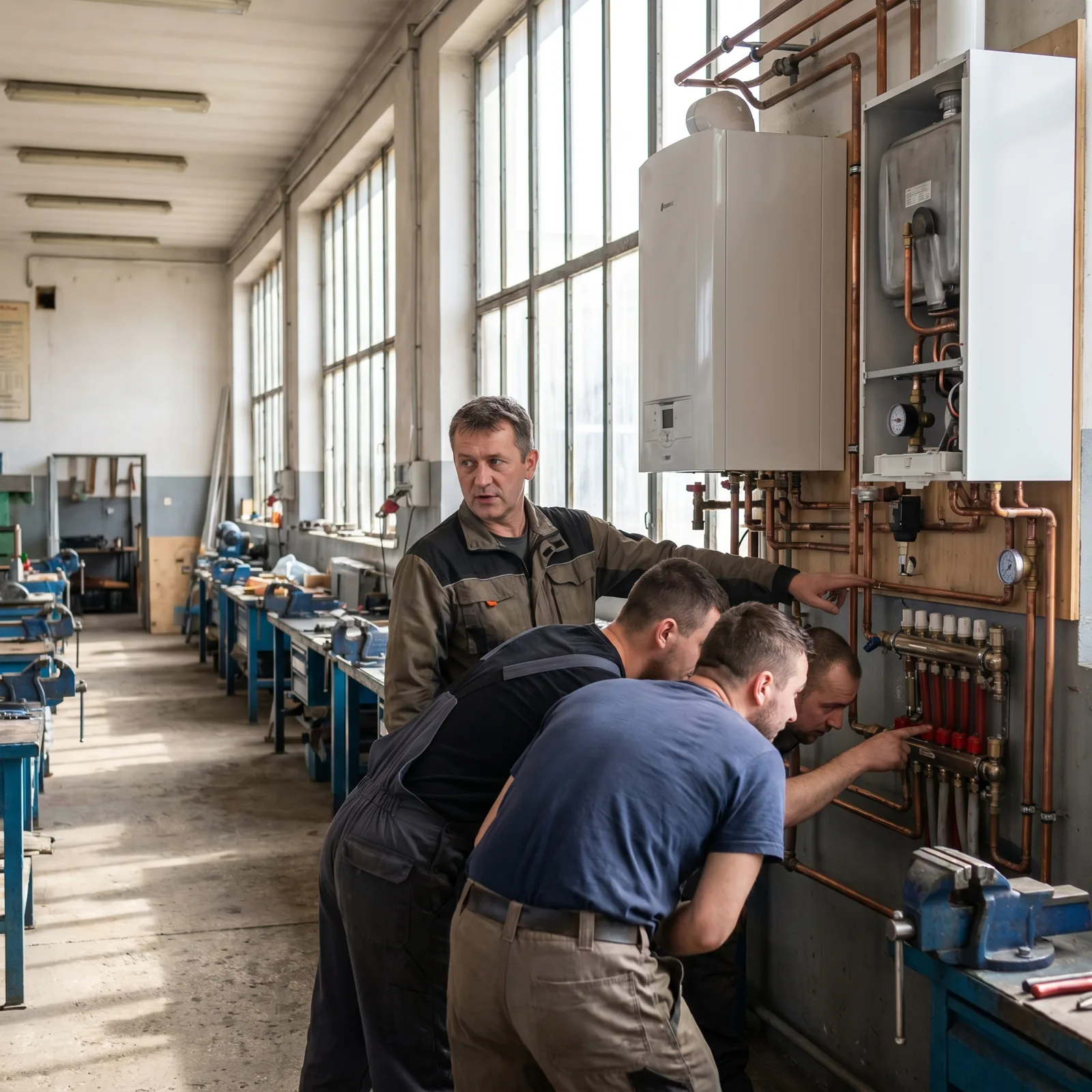 Instruktor wyjaśniający kursantom zasady montażu pompy ciepła w hali szkoleniowej