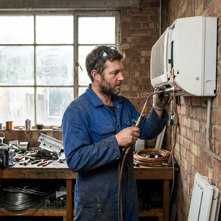 Technik HVAC lutuje rury miedziane instalacji klimatyzacji — praktyka przed egzaminem F-gazy