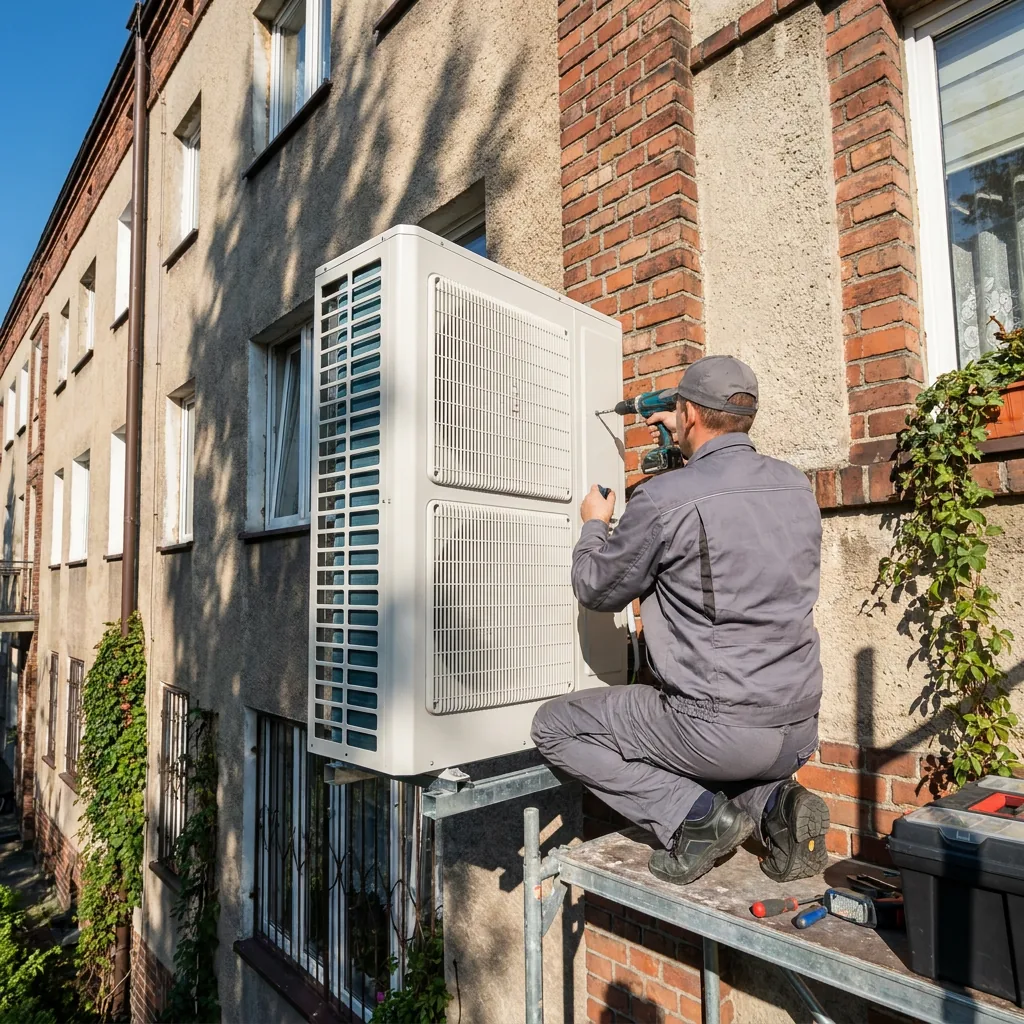 Monter klimatyzacji montuje jednostkę zewnętrzną klimatyzatora na ścianie budynku