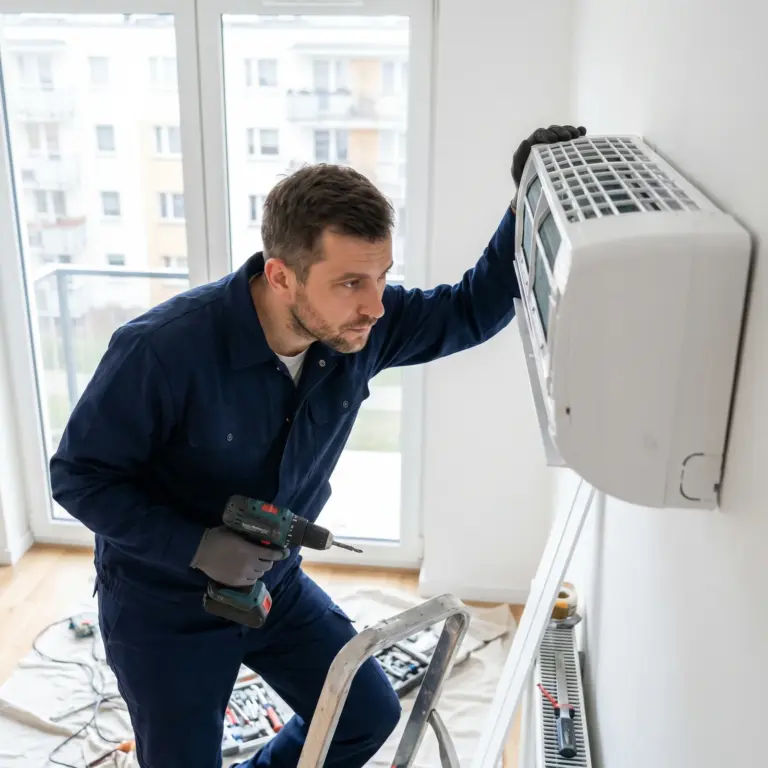 Monter klimatyzacji montuje jednostkę wewnętrzną w mieszkaniu