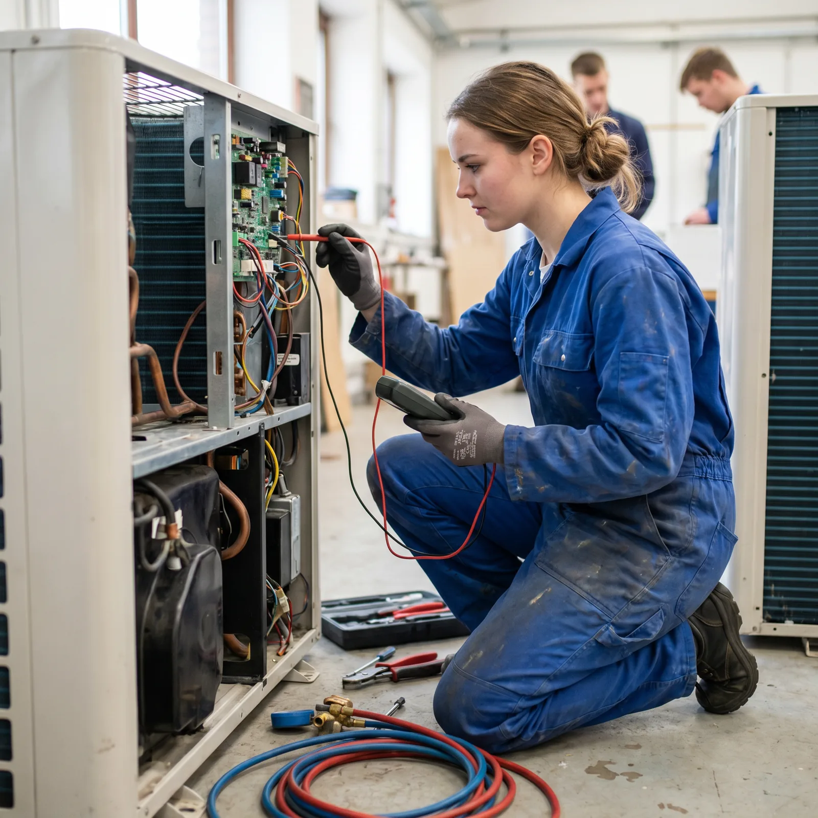 Kursantka ćwiczy diagnostykę elektryczną na stacji serwisowej pompy ciepła