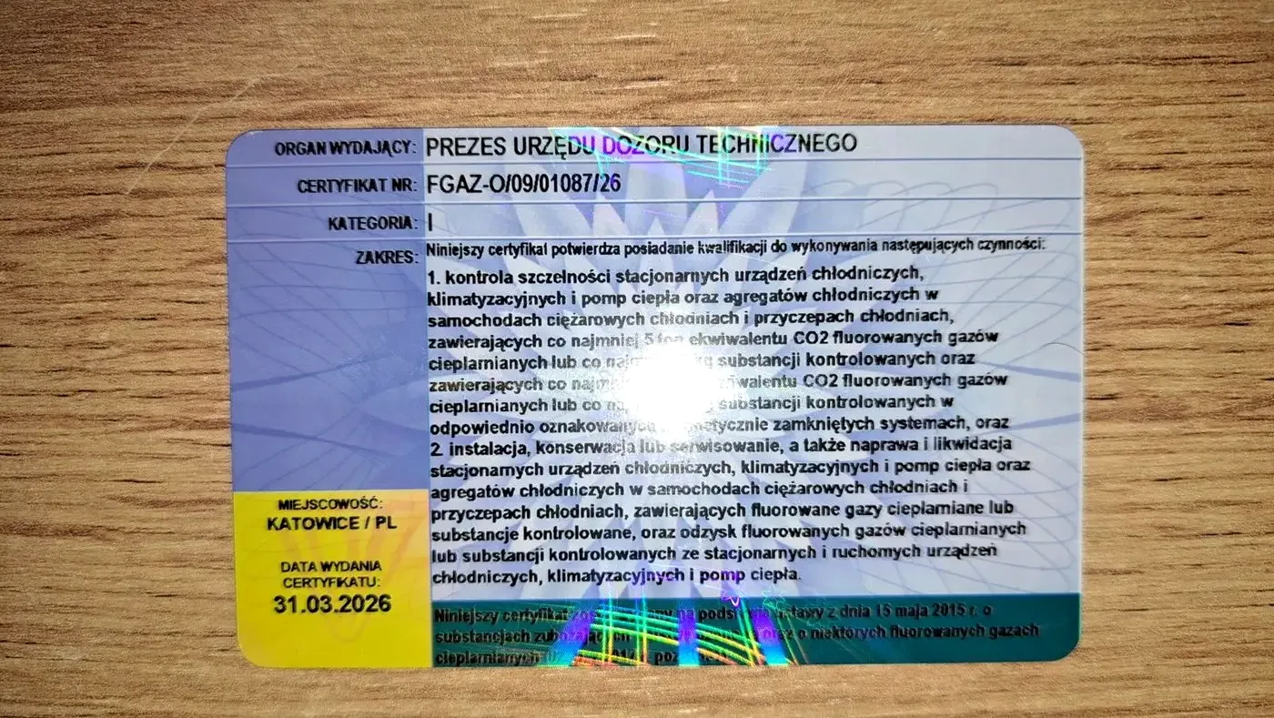 Сертифікат F-gazy UDT — зворотна сторона з обсягом повноважень