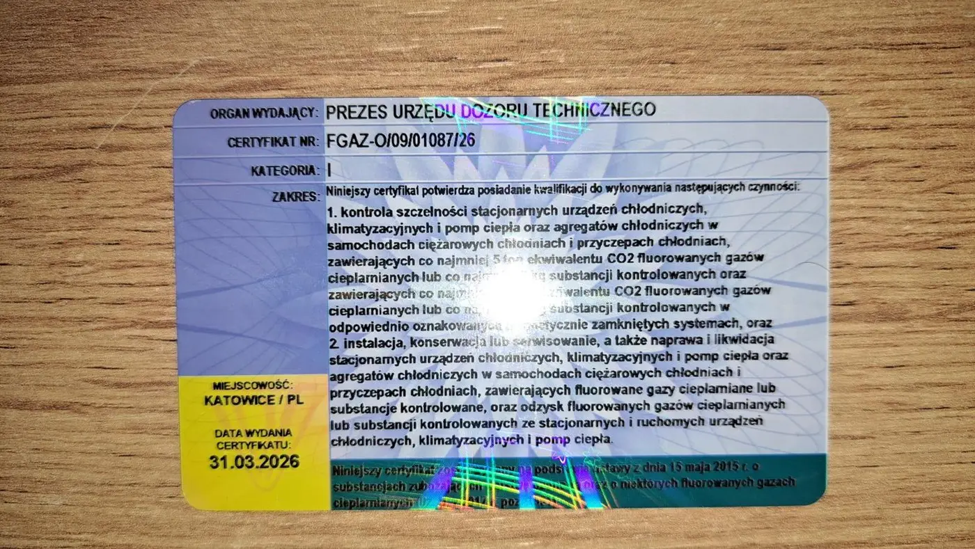 Сертифікат F-gazy UDT — зворотна сторона з обсягом повноважень