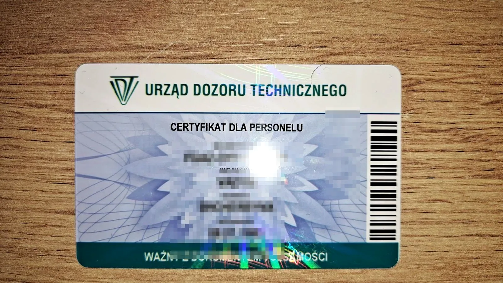 Сертифікат F-gazy UDT категорії I — лицьова сторона