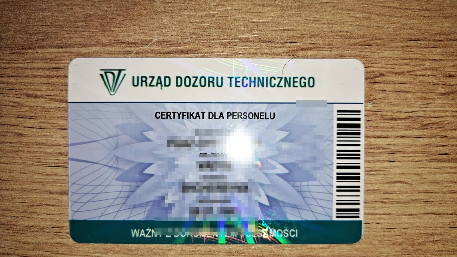 Сертифікат F-gazy UDT категорії I — лицьова сторона