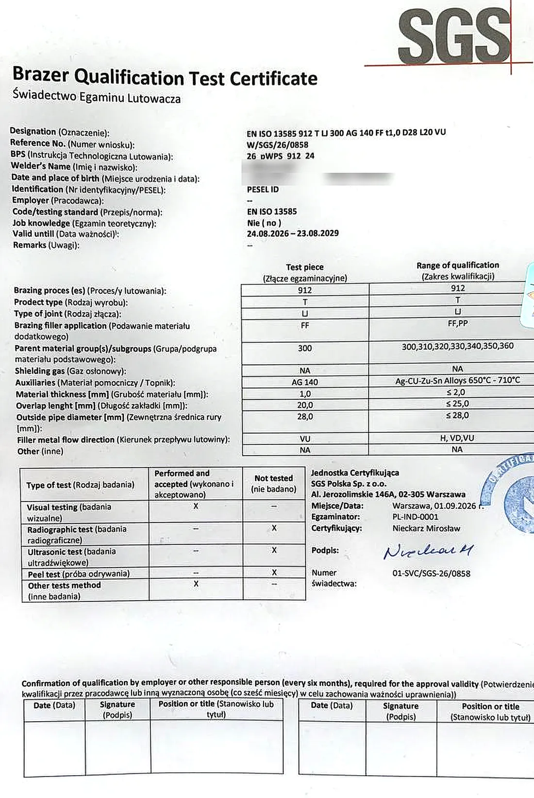Сертифікат твердого паяння SGS за EN ISO 13585, процес 912
